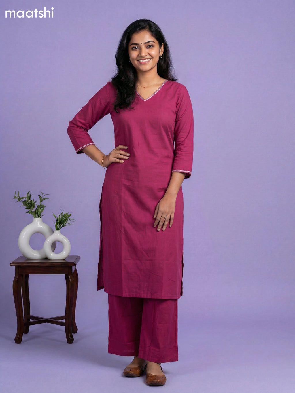 Pink and Cream Cotton Simple Embroidery Work Neck Pattern Straight Suit
