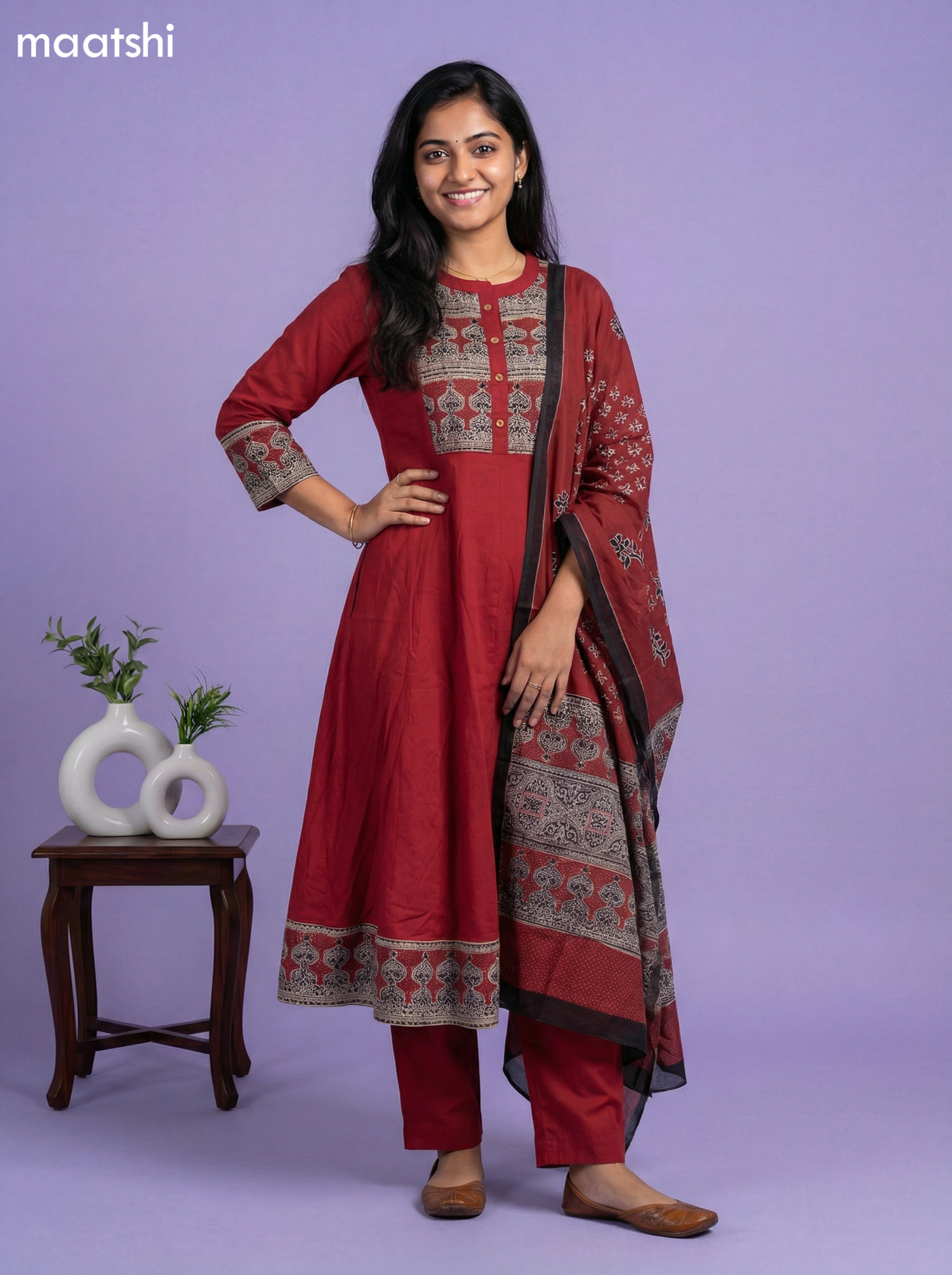 Maroon Cotton Printed Neck Pattern Anarkali Suit