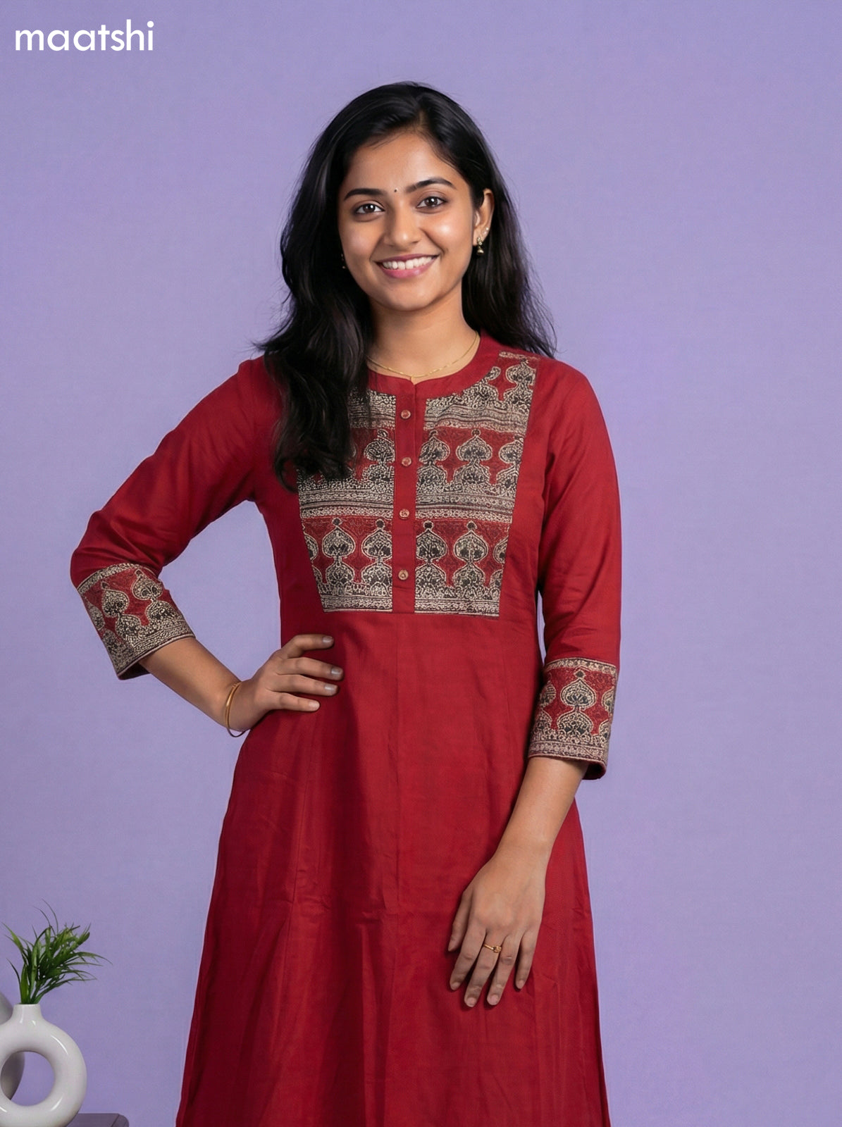 Maroon Cotton Printed Neck Pattern Anarkali Suit