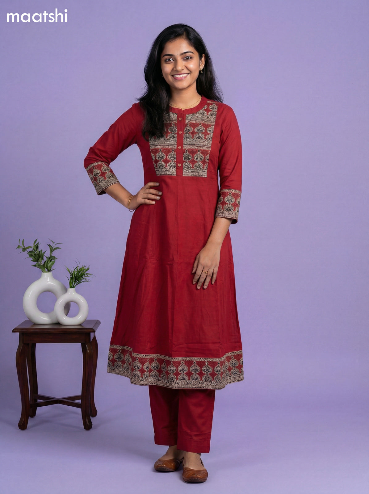 Maroon Cotton Printed Neck Pattern Anarkali Suit