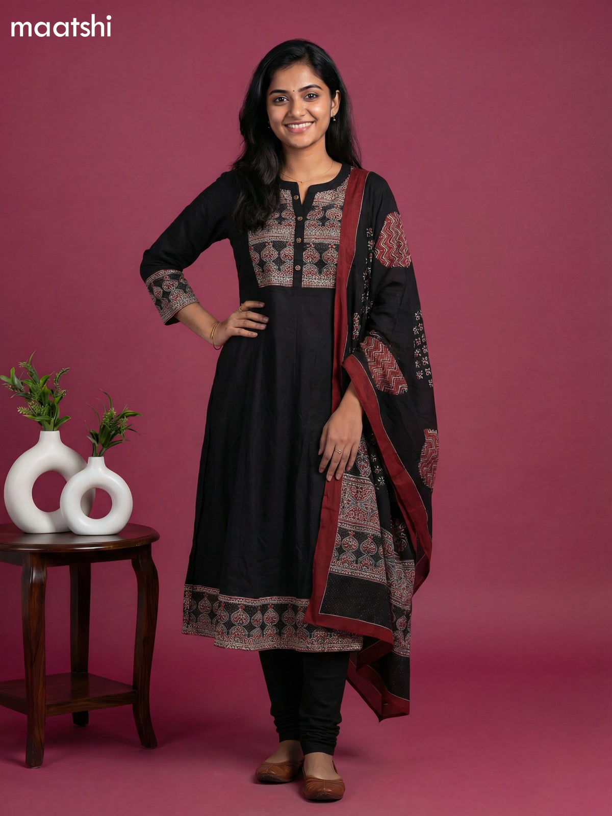 Black Cotton Printed Neck Pattern Anarkali Suit