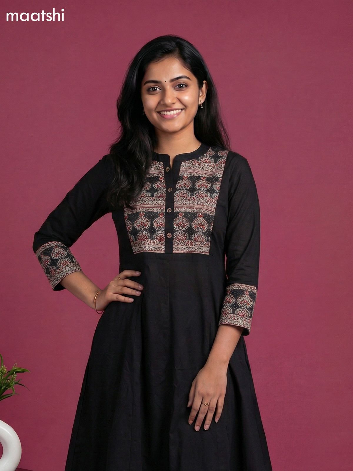 Black Cotton Printed Neck Pattern Anarkali Suit