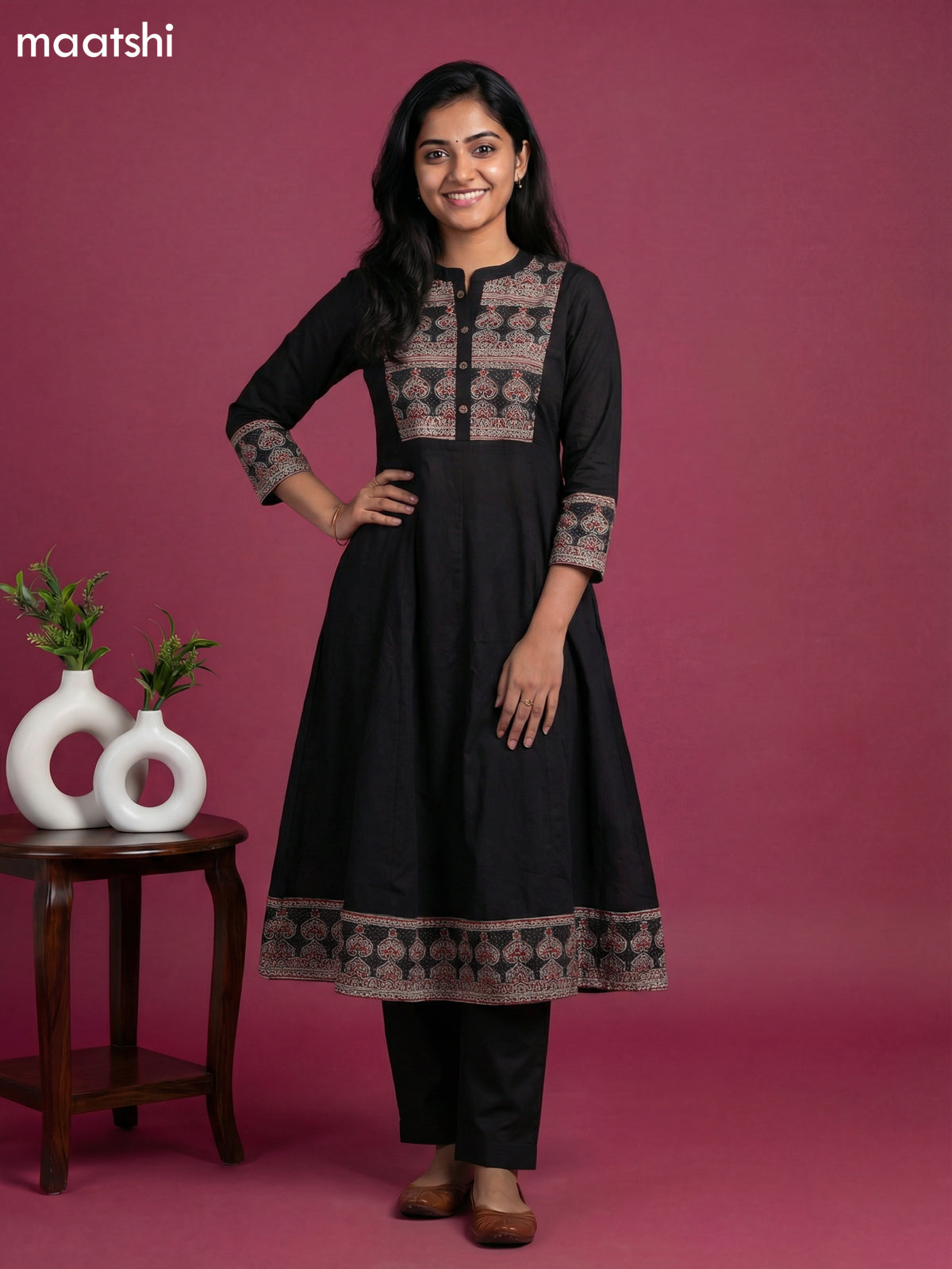 Black Cotton Printed Neck Pattern Anarkali Suit