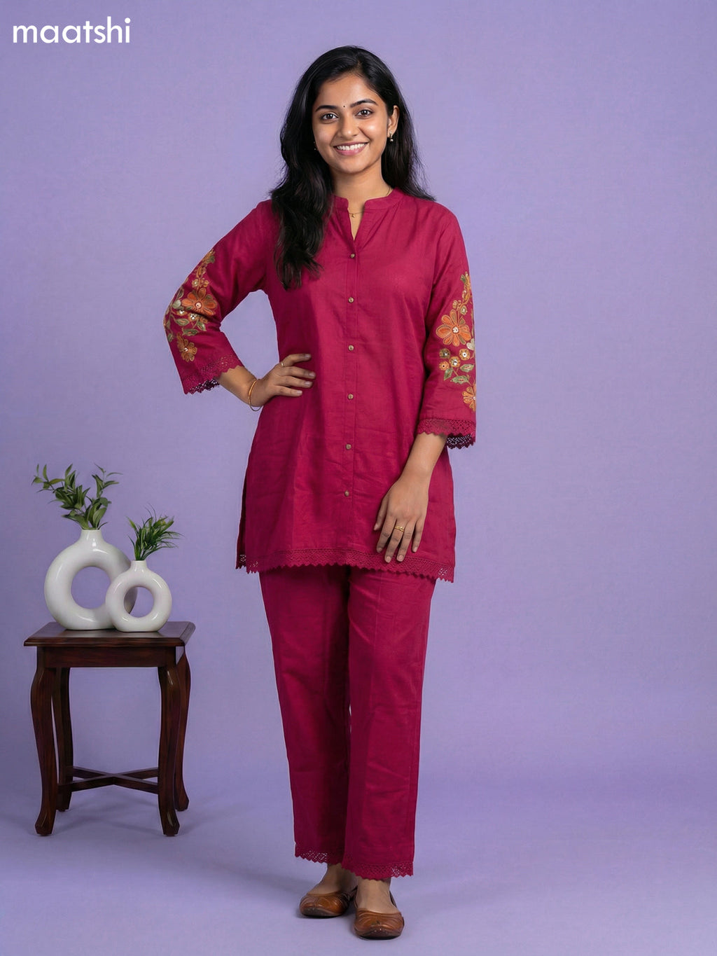 Pink Cotton Floral Embroidery Work Short Co-Ord Set