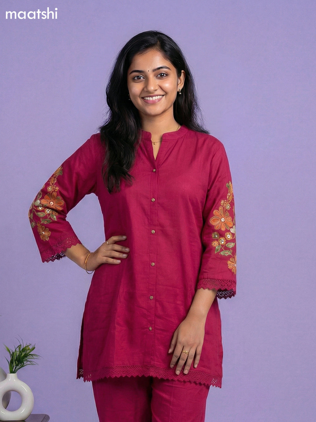 Pink Cotton Floral Embroidery Work Short Co-Ord Set