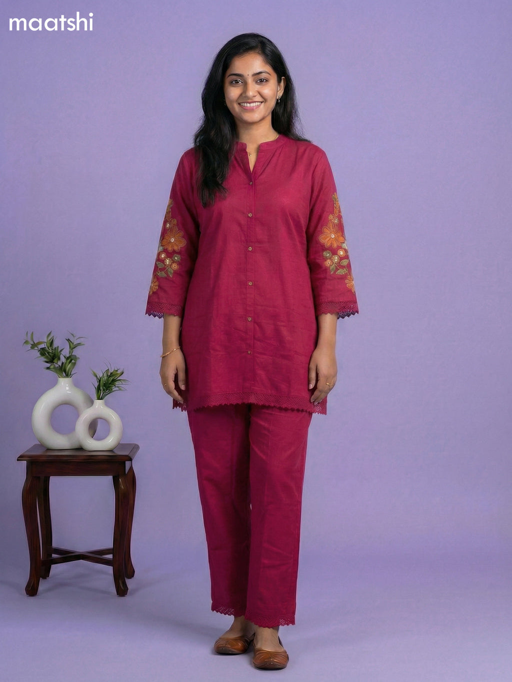 Pink Cotton Floral Embroidery Work Short Co-Ord Set