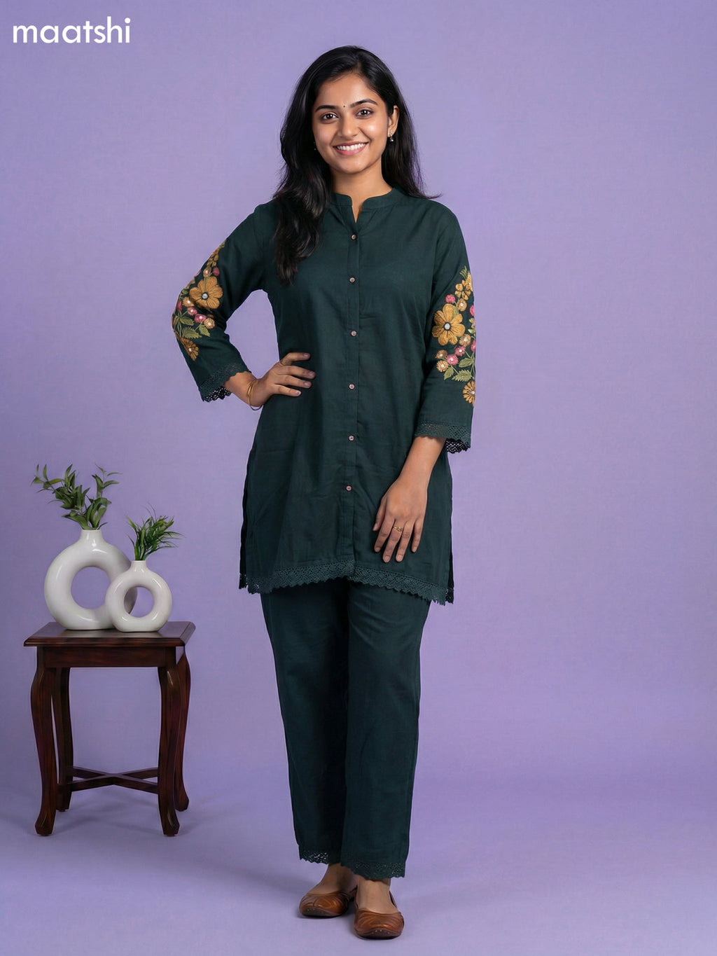 Bottle Green Cotton Floral Embroidery Work Co-Ord Set
