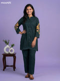 Bottle Green Cotton Floral Embroidery Work Co-Ord Set