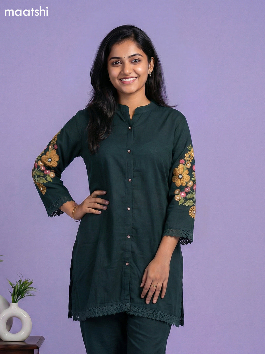 Bottle Green Cotton Floral Embroidery Work Co-Ord Set