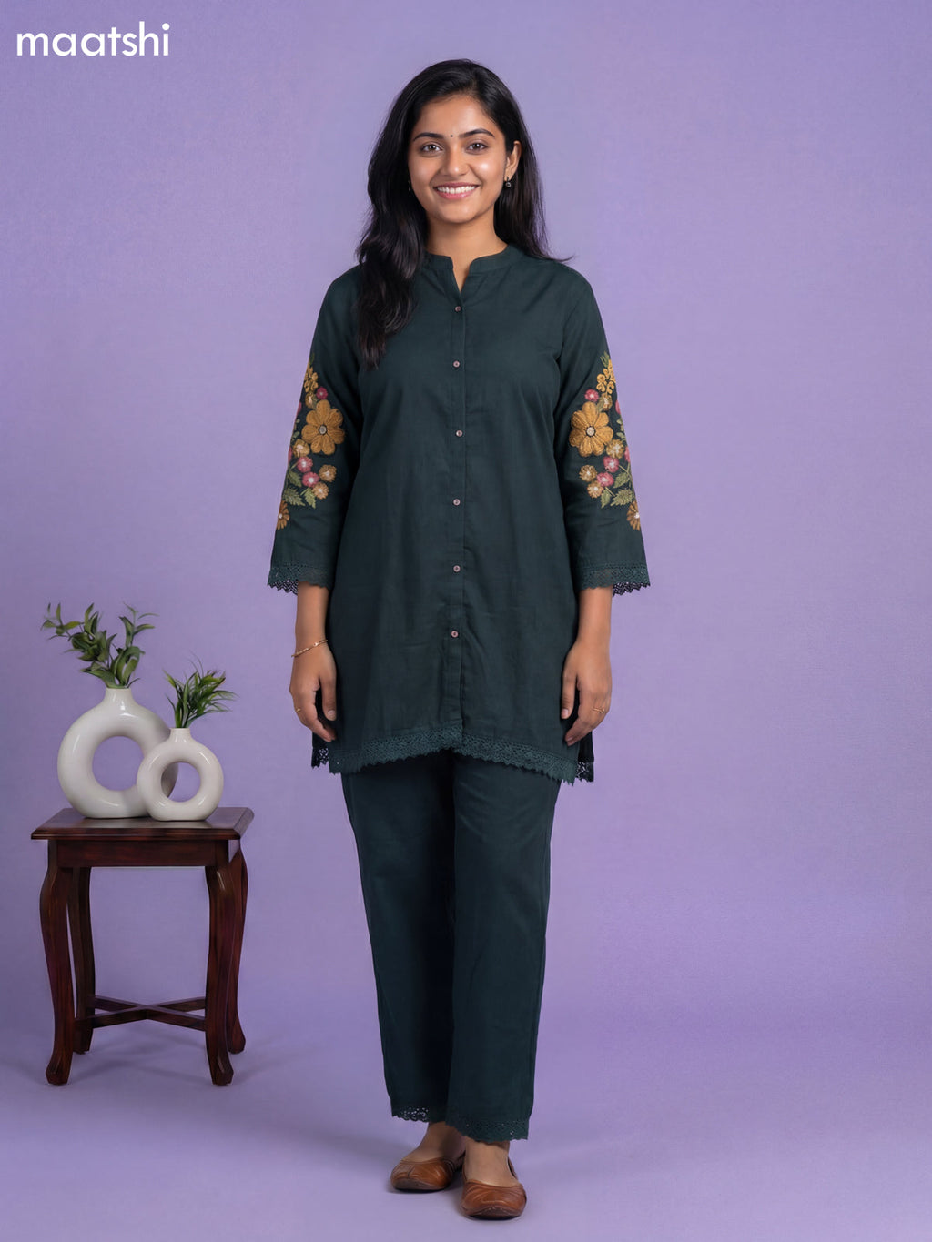 Bottle Green Cotton Floral Embroidery Work Co-Ord Set