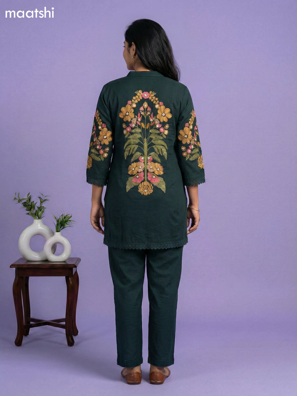 Bottle Green Cotton Floral Embroidery Work Co-Ord Set