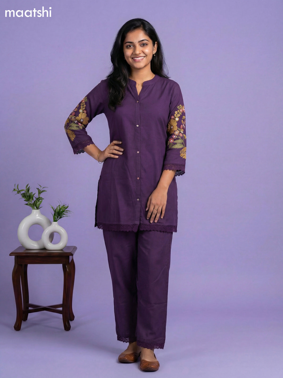 Purple Cotton Floral Embroidery Work Short Co-Ord Set