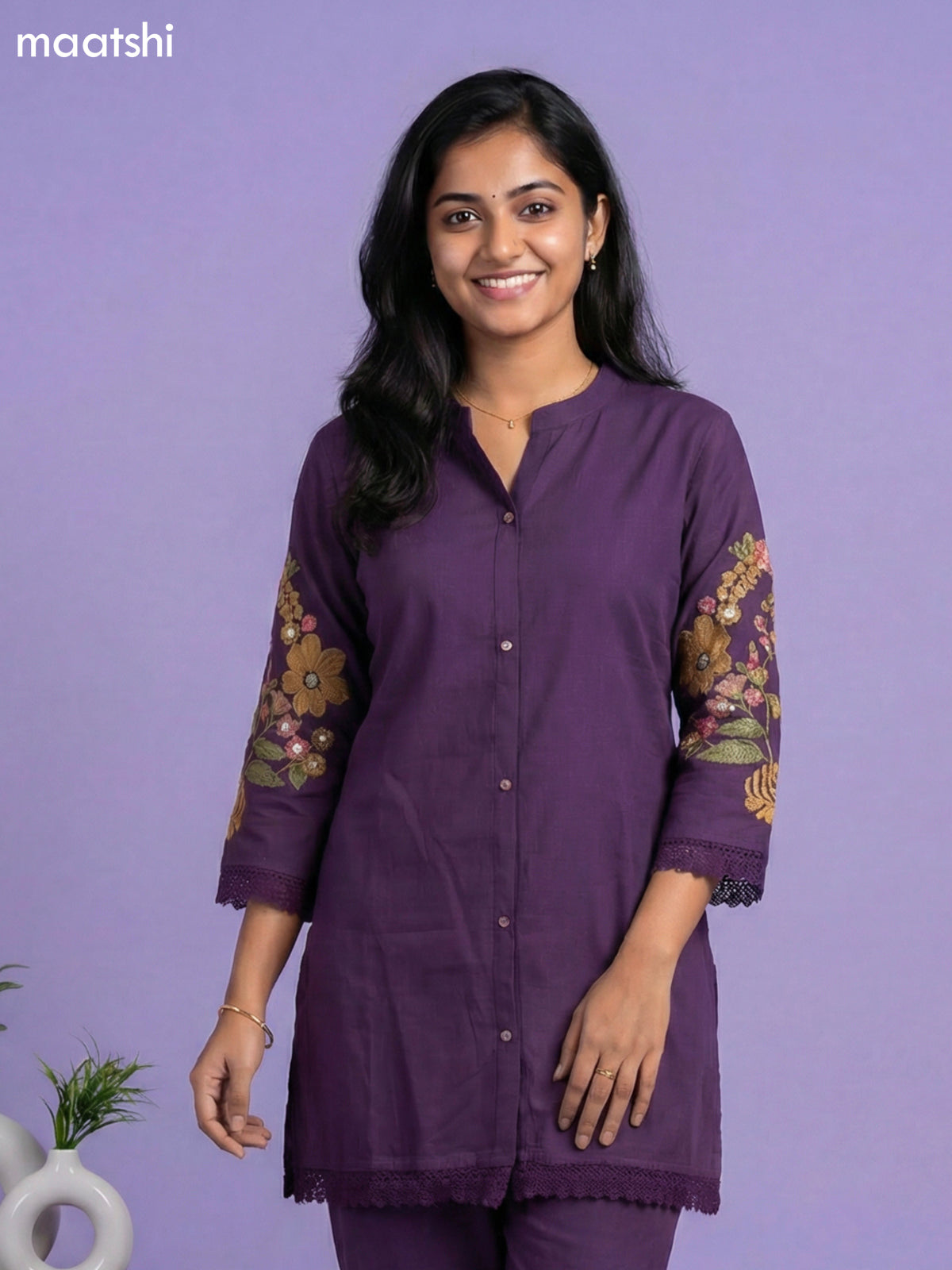 Purple Cotton Floral Embroidery Work Short Co-Ord Set