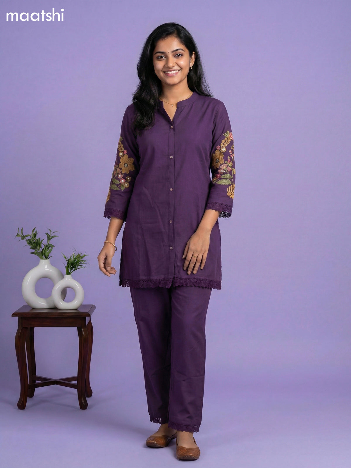 Purple Cotton Floral Embroidery Work Short Co-Ord Set