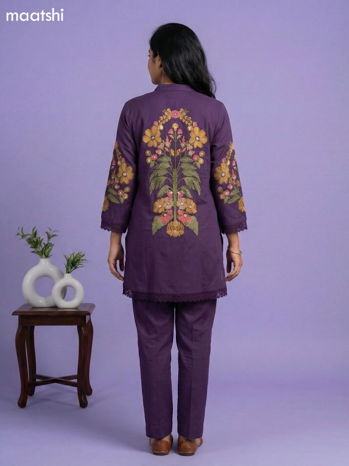 Purple Cotton Floral Embroidery Work Short Co-Ord Set