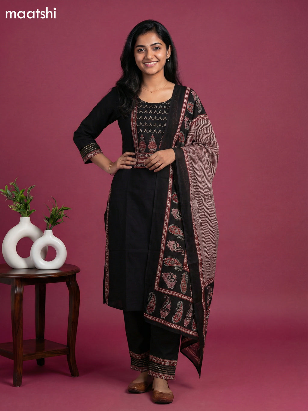 Black and Maroon Cotton Patch Work Neck Pattern Straight Suit