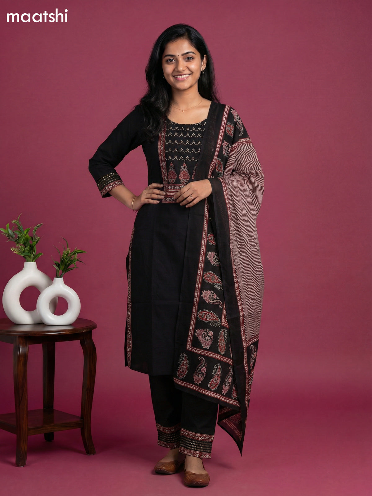 Black and Maroon Cotton Patch Work Neck Pattern Straight Suit