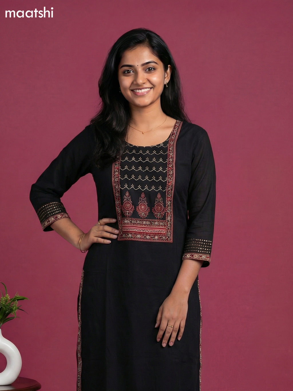 Black and Maroon Cotton Patch Work Neck Pattern Straight Suit