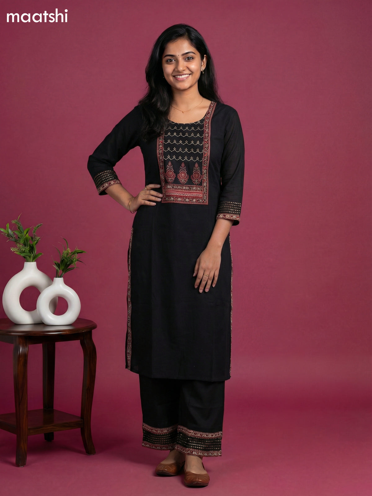 Black and Maroon Cotton Patch Work Neck Pattern Straight Suit