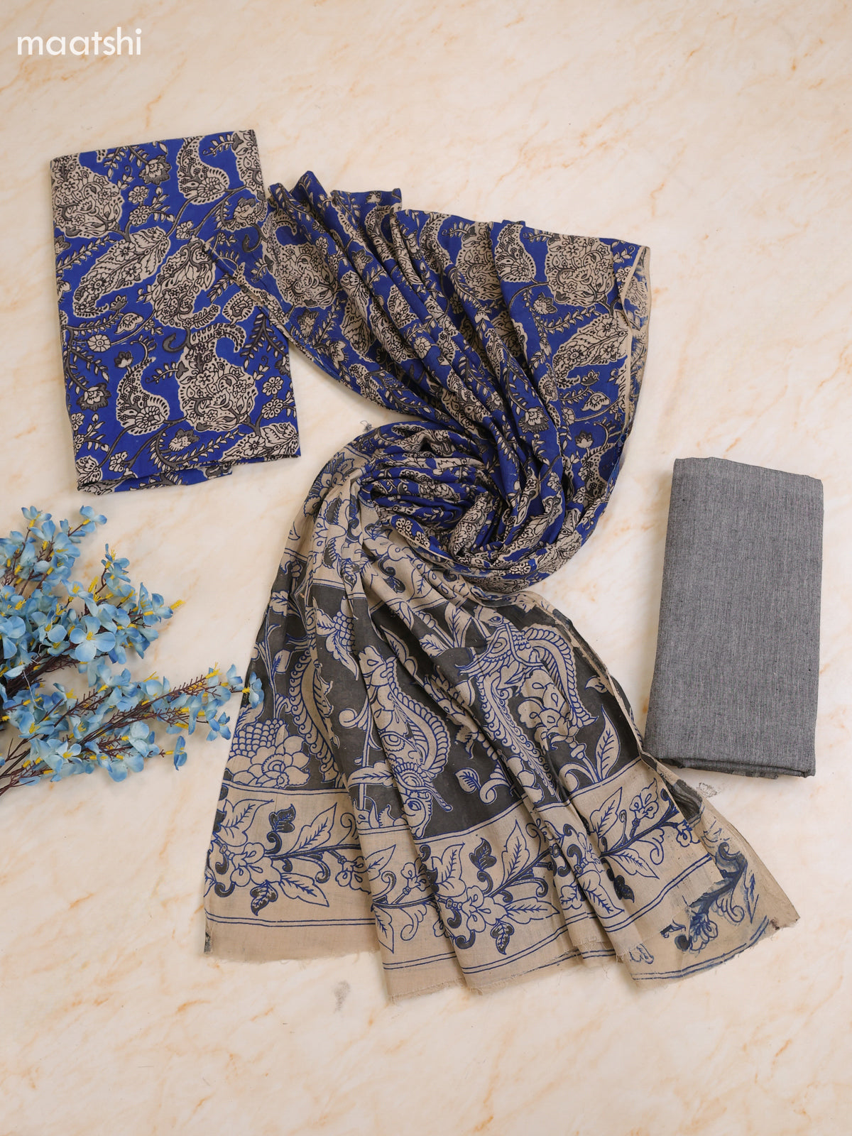 Blue Cotton Dress Materials With Kalamkari Prints With Bottom and Dupatta