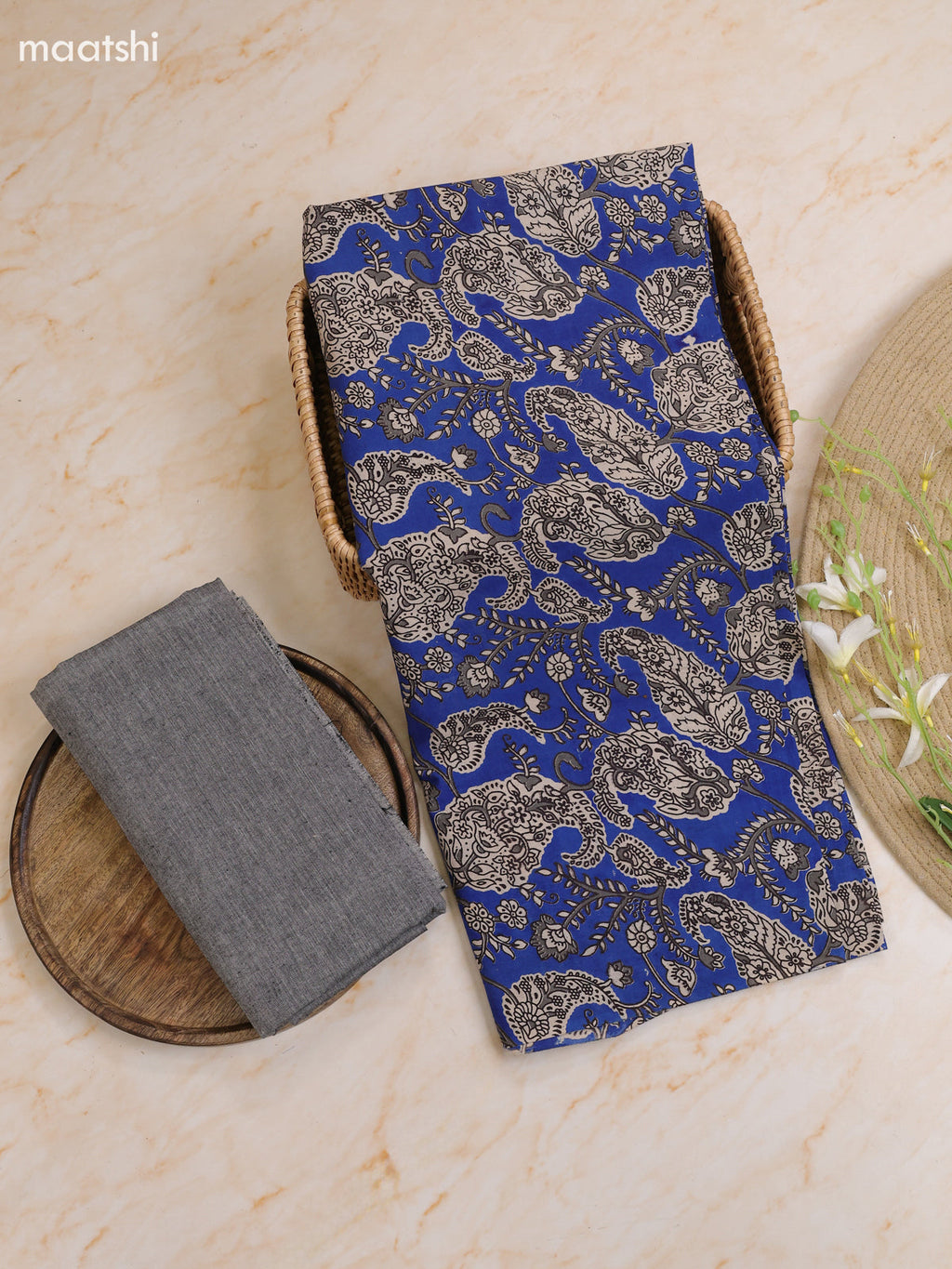 Blue Cotton Dress Materials With Kalamkari Prints With Bottom and Dupatta
