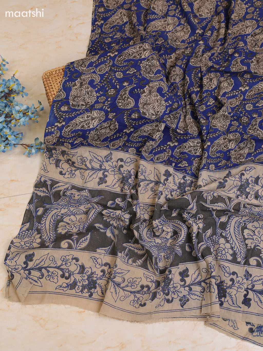 Blue Cotton Dress Materials With Kalamkari Prints With Bottom and Dupatta