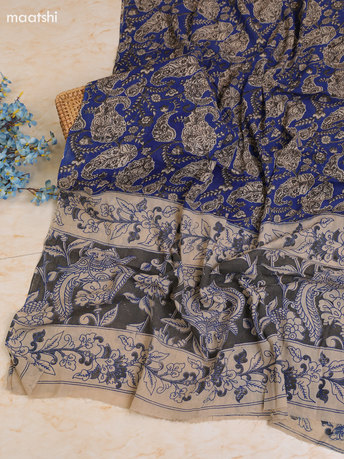 Blue Cotton Dress Materials With Kalamkari Prints With Bottom and Dupatta