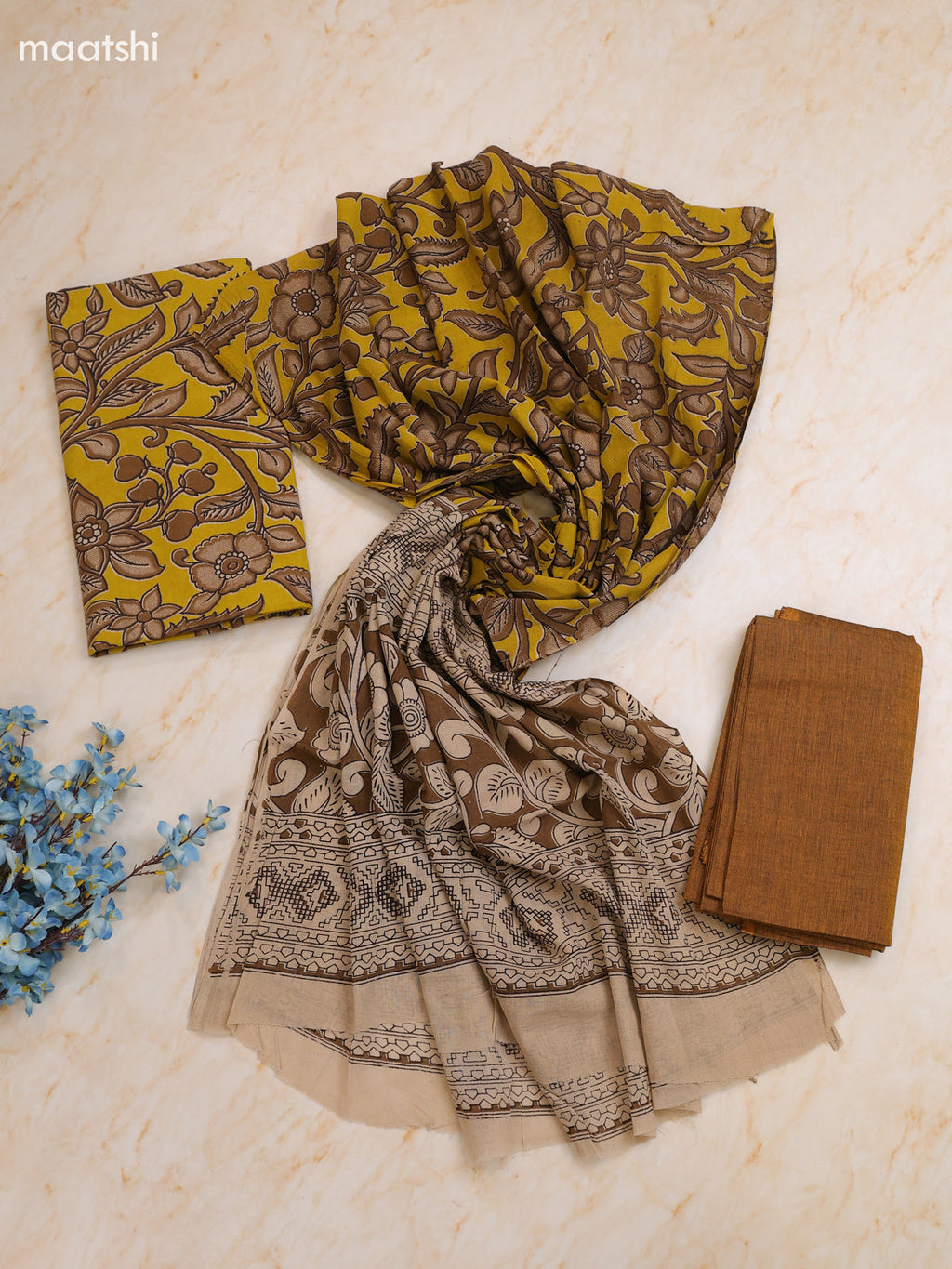 Yellow Cotton Dress Materials With Kalamkari Prints With Bottom and Dupatta