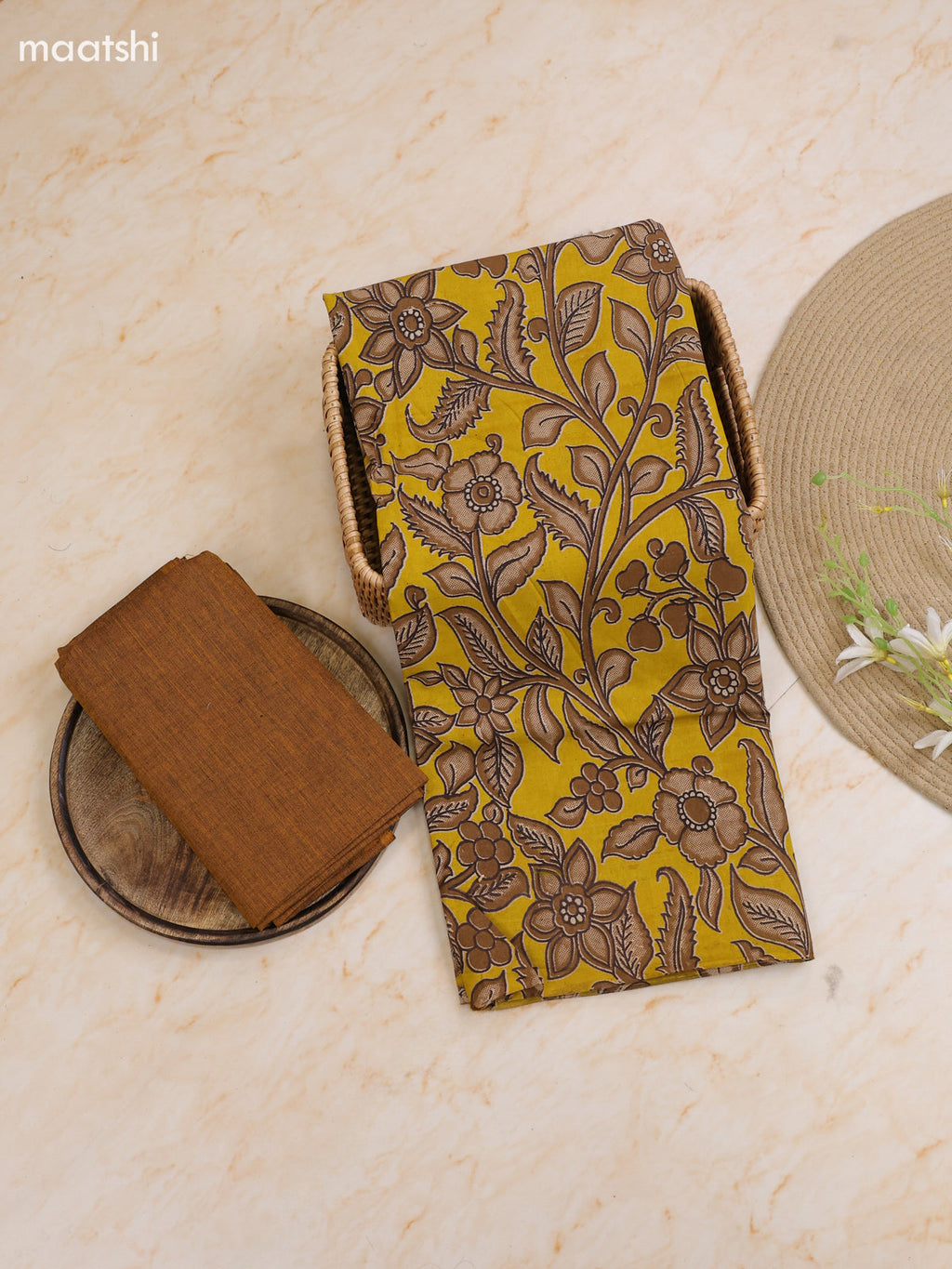 Yellow Cotton Dress Materials With Kalamkari Prints With Bottom and Dupatta