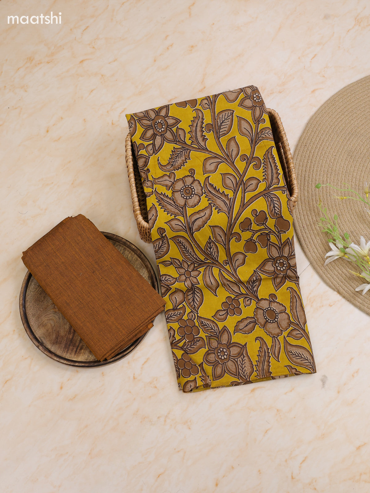 Yellow Cotton Dress Materials With Kalamkari Prints With Bottom and Dupatta