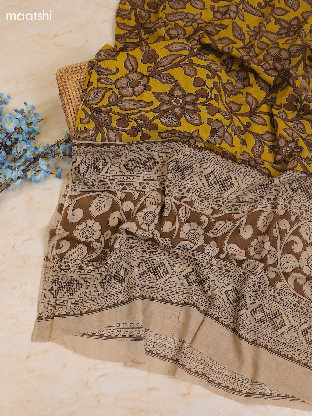 Yellow Cotton Dress Materials With Kalamkari Prints With Bottom and Dupatta