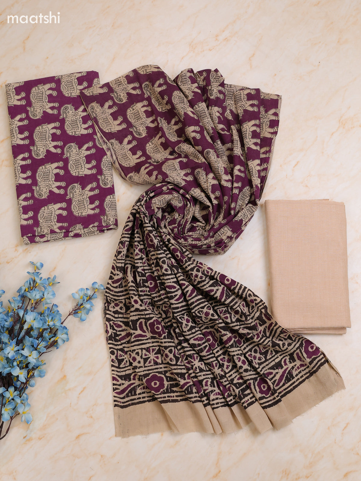 Purple Cotton Dress Materials With Kalamkari Prints With Bottom and Dupatta