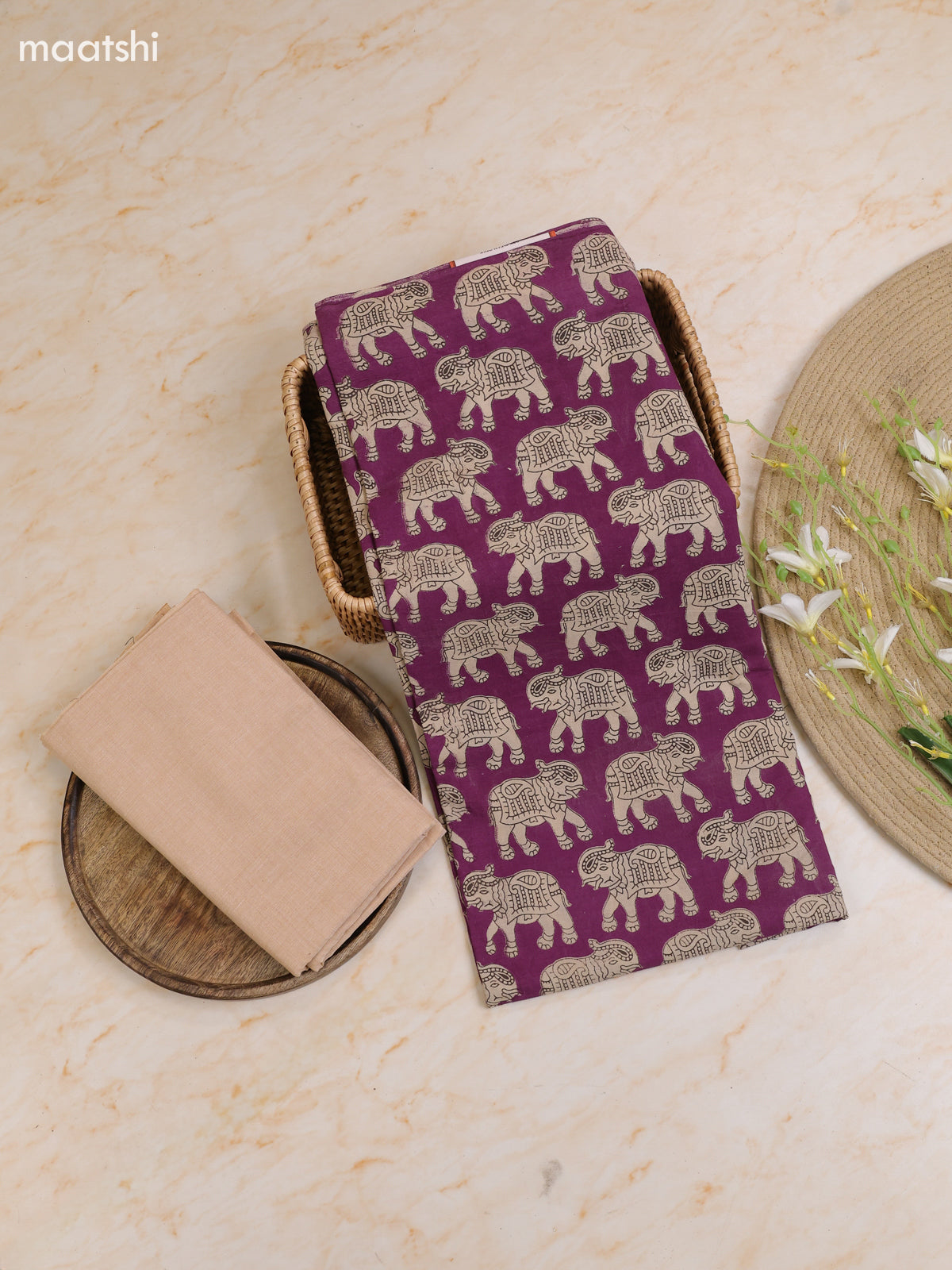 Purple Cotton Dress Materials With Kalamkari Prints With Bottom and Dupatta