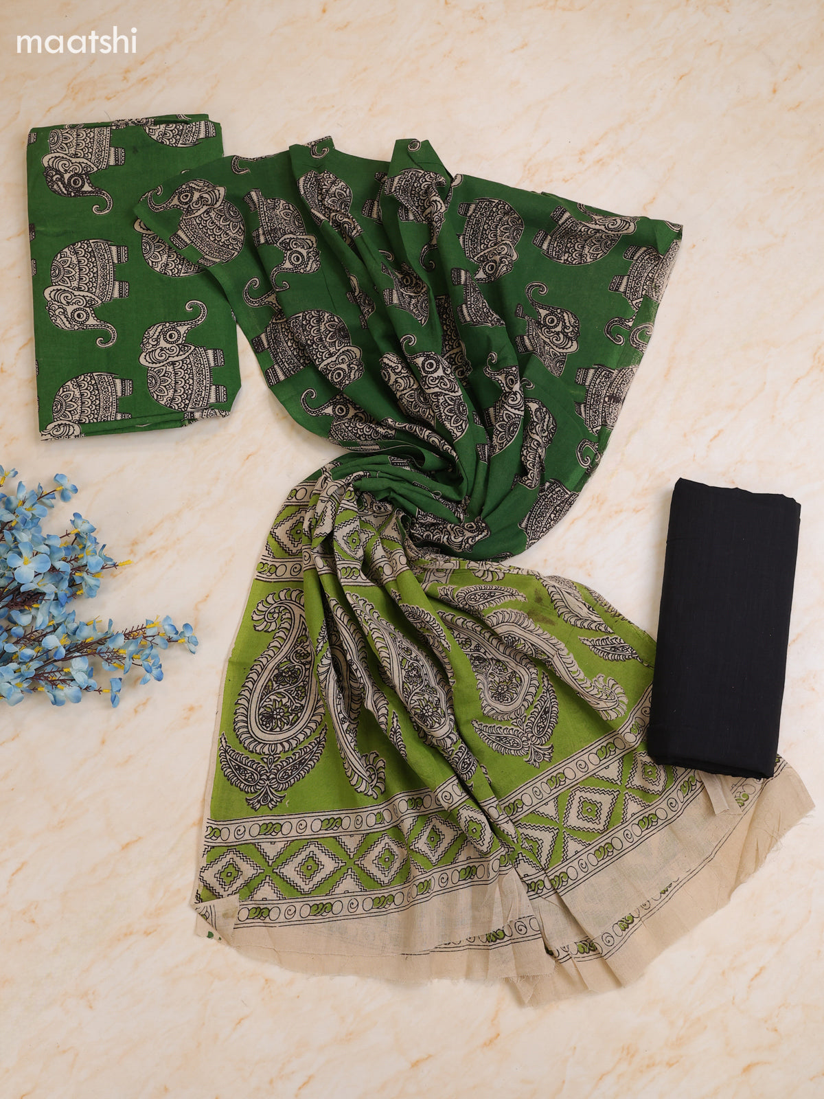 Green Cotton Dress Materials With Kalamkari Prints With Bottom and Dupatta