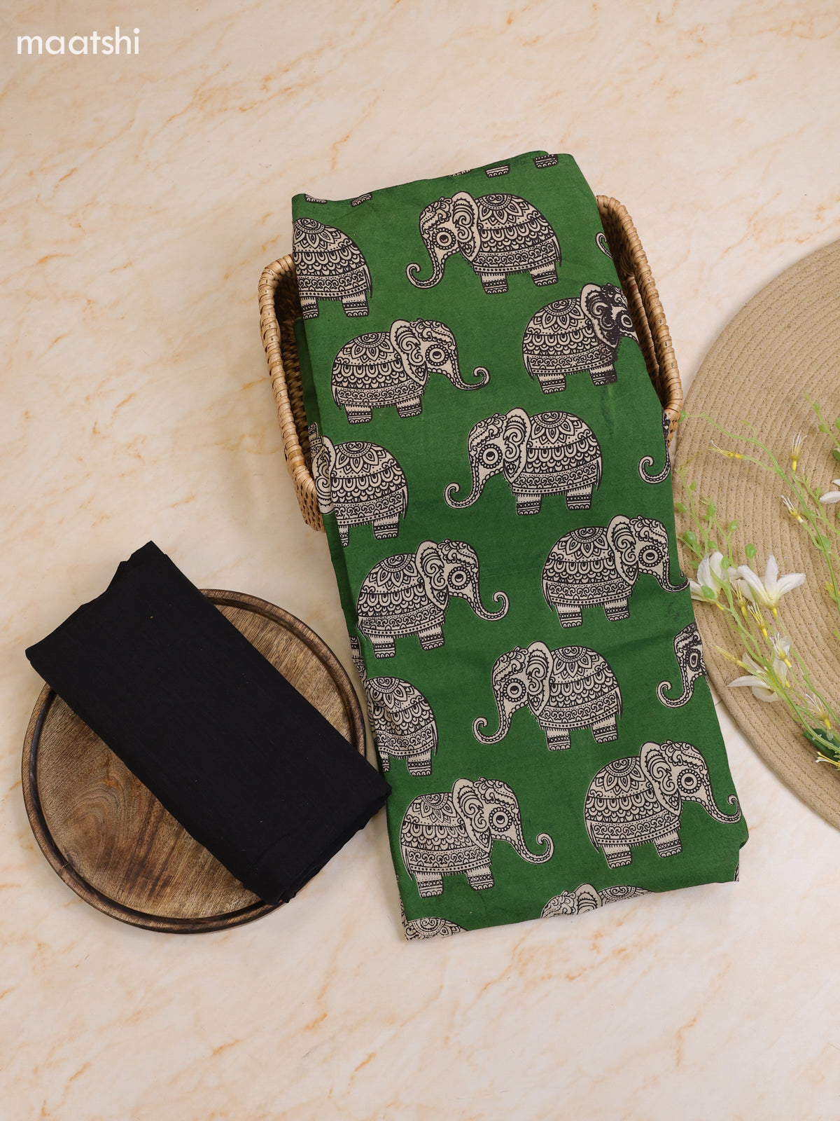 Green Cotton Dress Materials With Kalamkari Prints With Bottom and Dupatta
