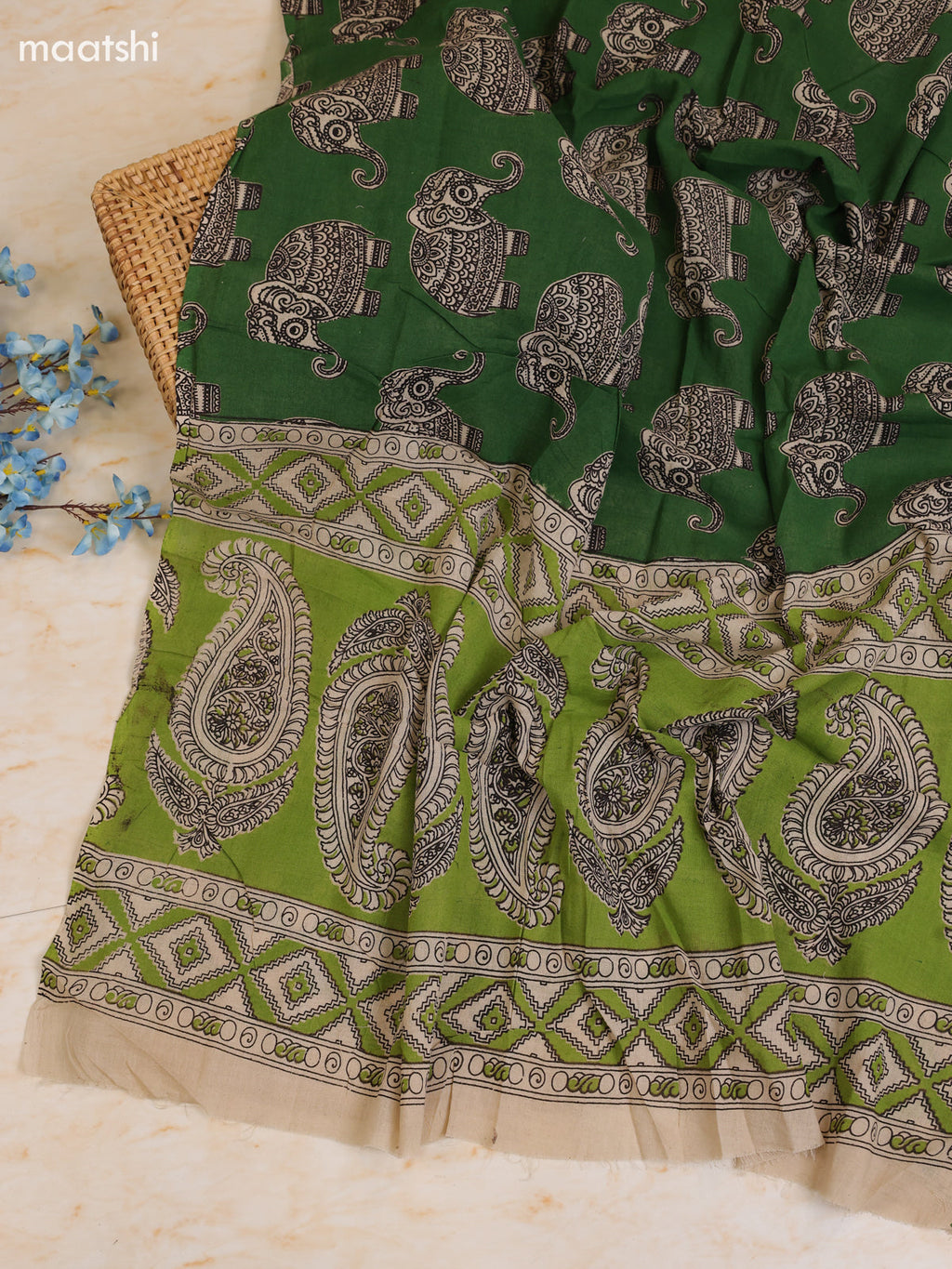 Green Cotton Dress Materials With Kalamkari Prints With Bottom and Dupatta