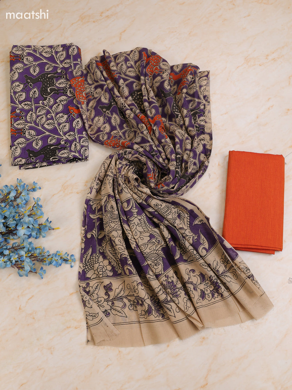 Lavender Cotton Dress Materials With Kalamkari Prints With Bottom and Dupatta