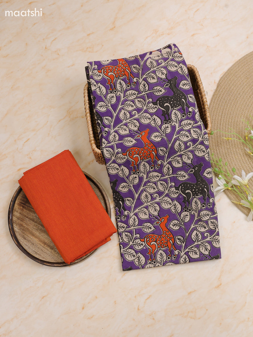 Lavender Cotton Dress Materials With Kalamkari Prints With Bottom and Dupatta