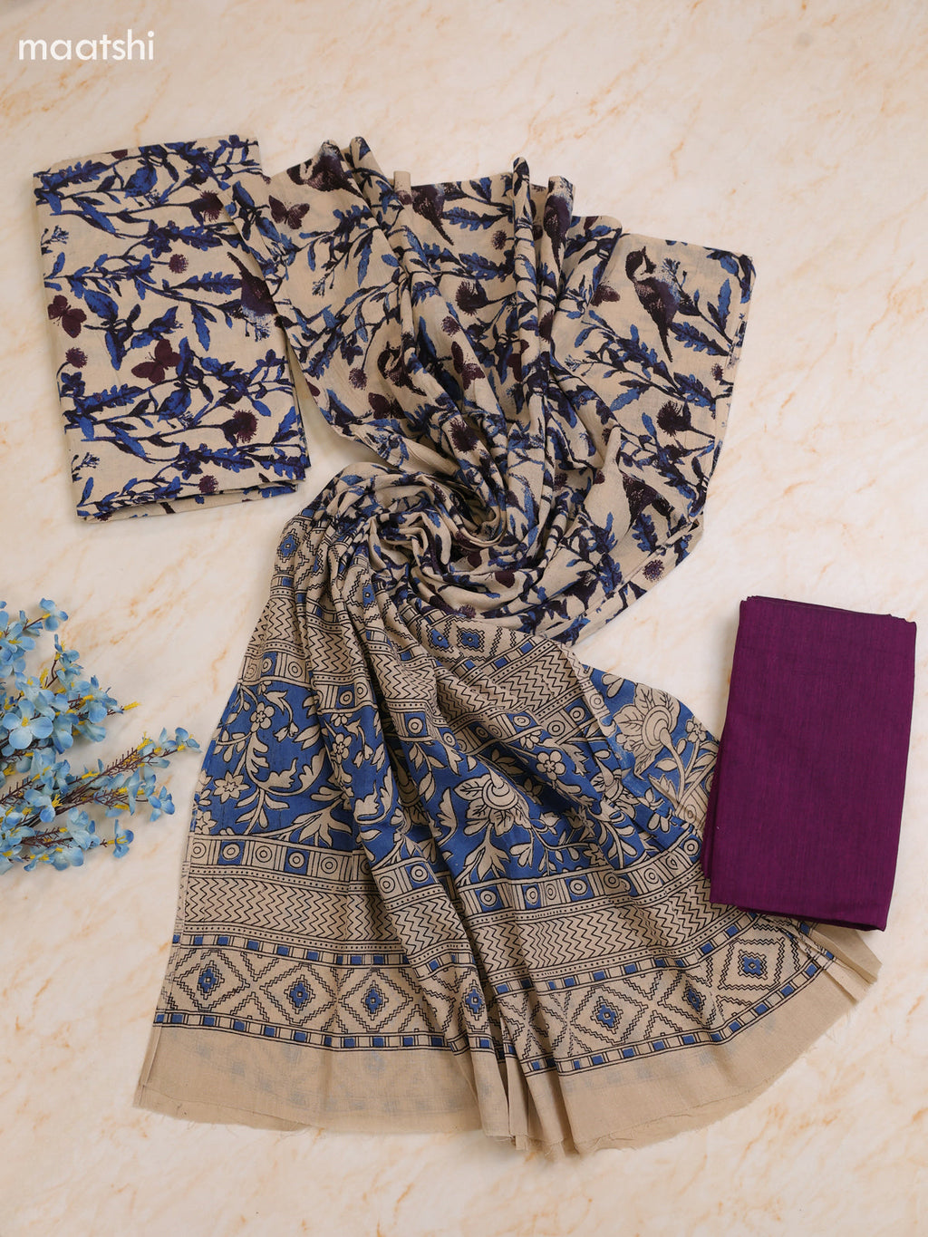 Cream Cotton Dress Materials With Kalamkari Prints With Bottom and Dupatta