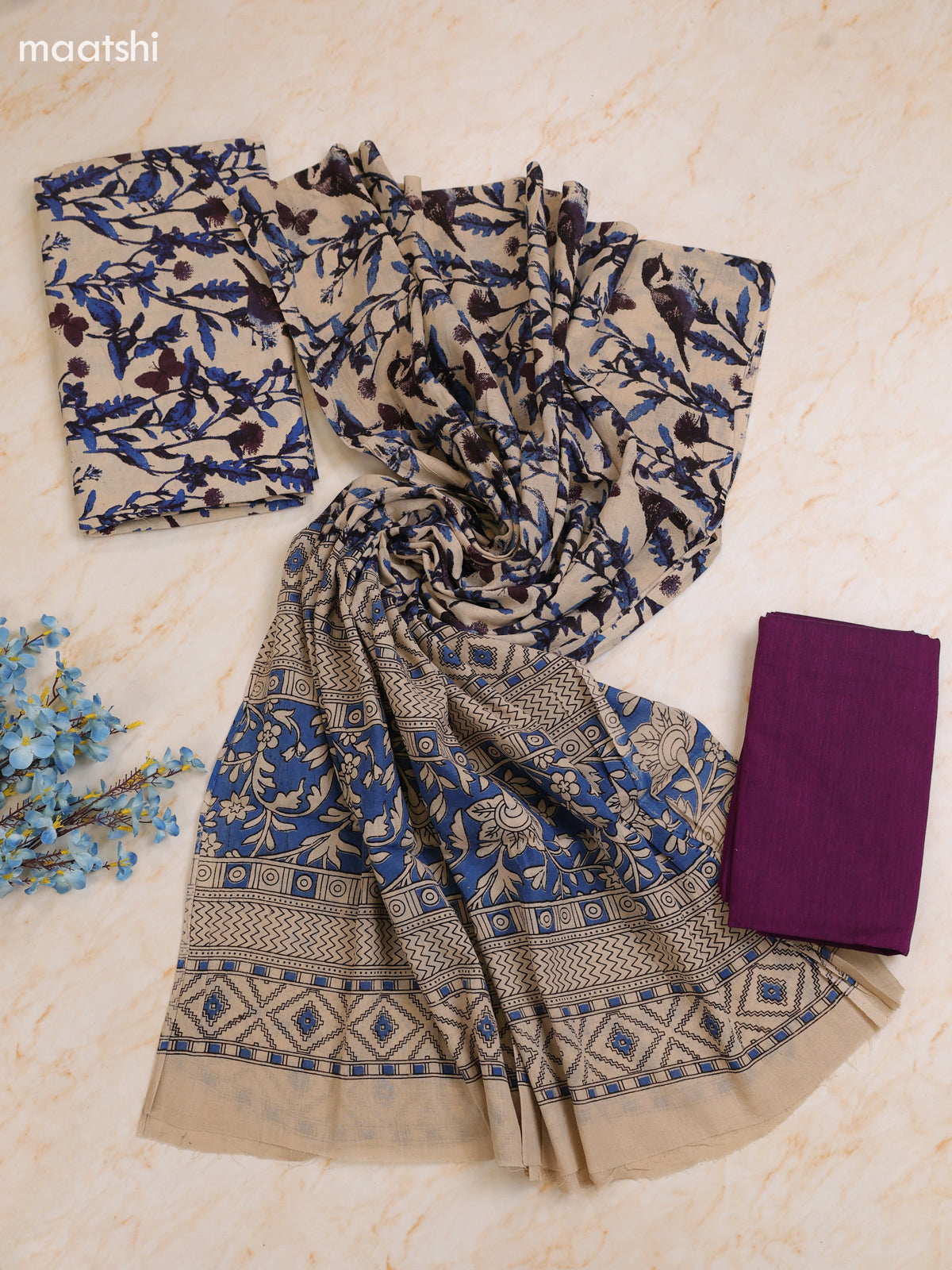 Cream Cotton Dress Materials With Kalamkari Prints With Bottom and Dupatta