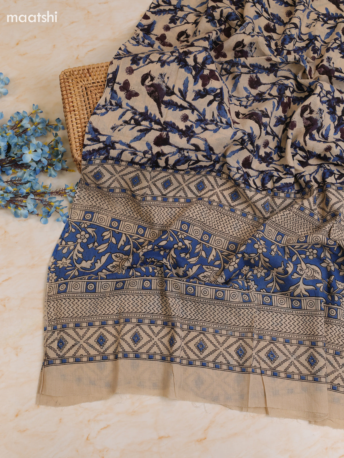 Cream Cotton Dress Materials With Kalamkari Prints With Bottom and Dupatta