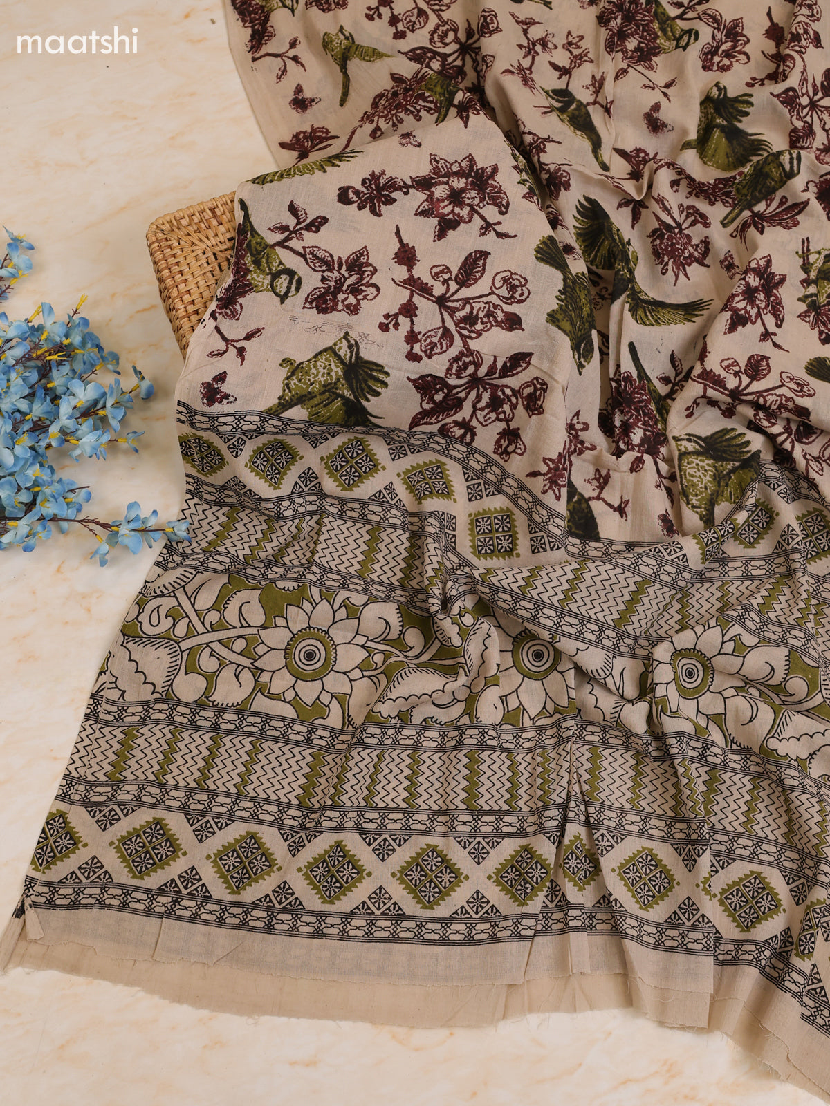 Beige Cotton Dress Materials With Kalamkari Prints With Bottom and Dupatta