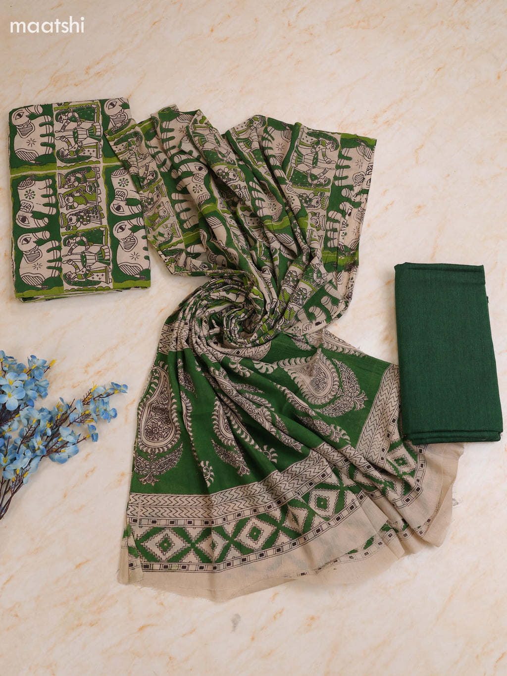 Beige and Green Cotton Dress Materials With Kalamkari Prints With Bottom and Dupatta
