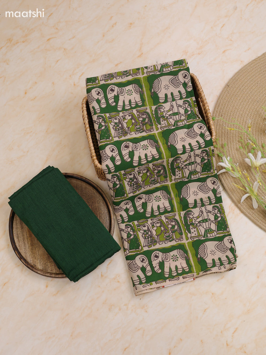 Beige and Green Cotton Dress Materials With Kalamkari Prints With Bottom and Dupatta