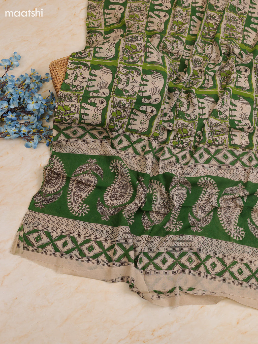 Beige and Green Cotton Dress Materials With Kalamkari Prints With Bottom and Dupatta