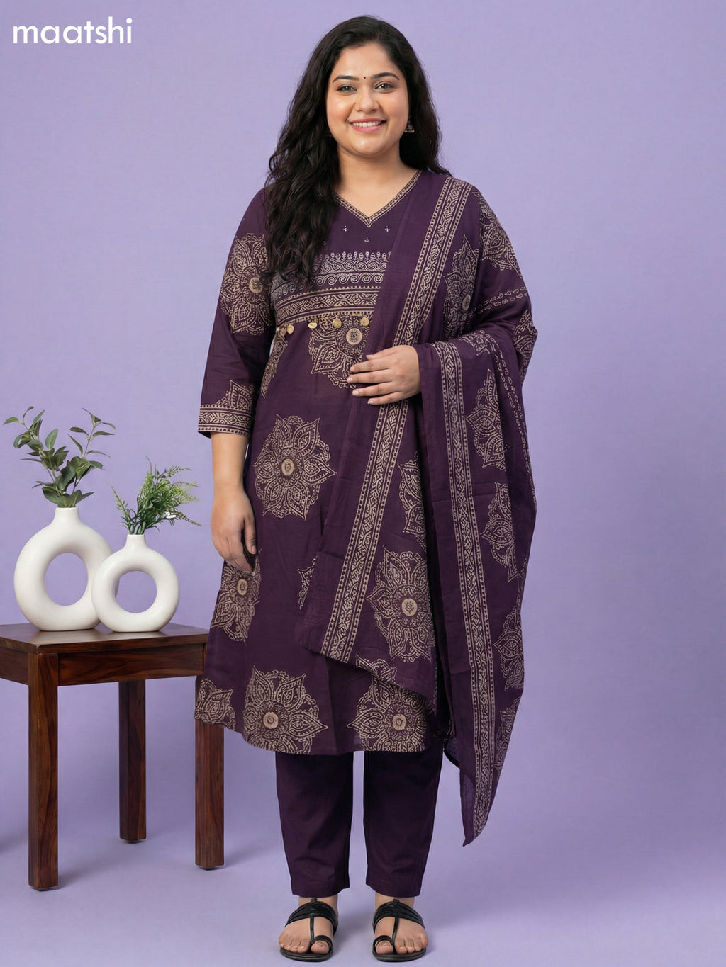 Violet Cotton Printed A-Line Suit