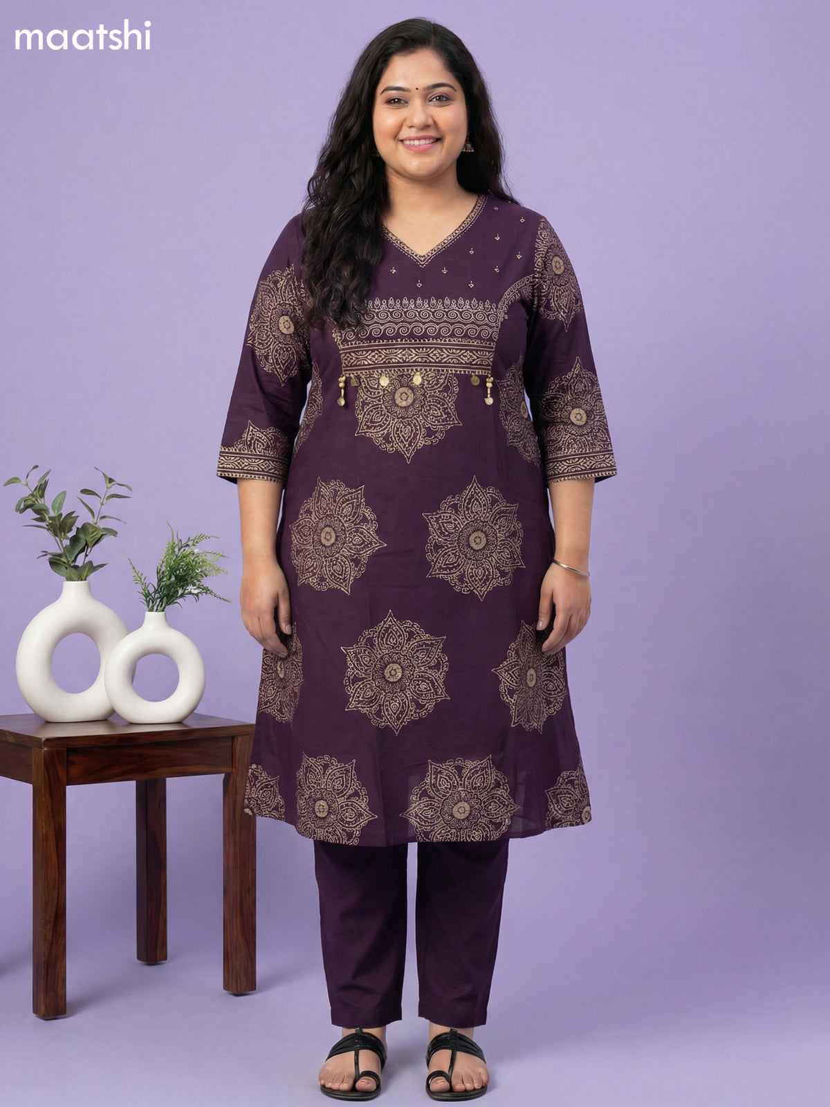 Violet Cotton Printed A-Line Suit