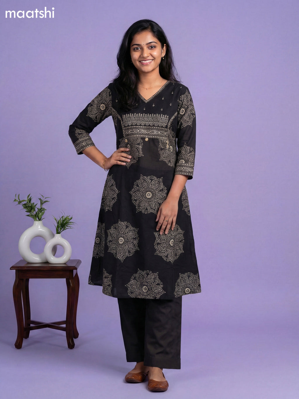 Black Cotton Printed A-Line Suit