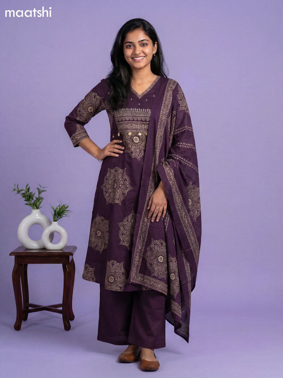 Violet Cotton Printed A-Line Suit