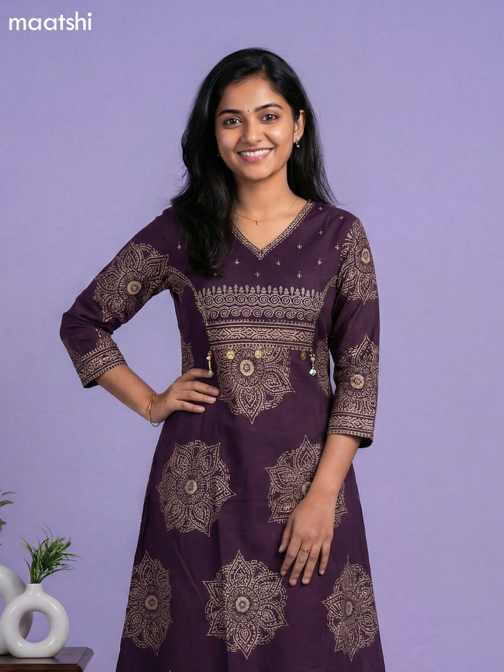 Violet Cotton Printed A-Line Suit